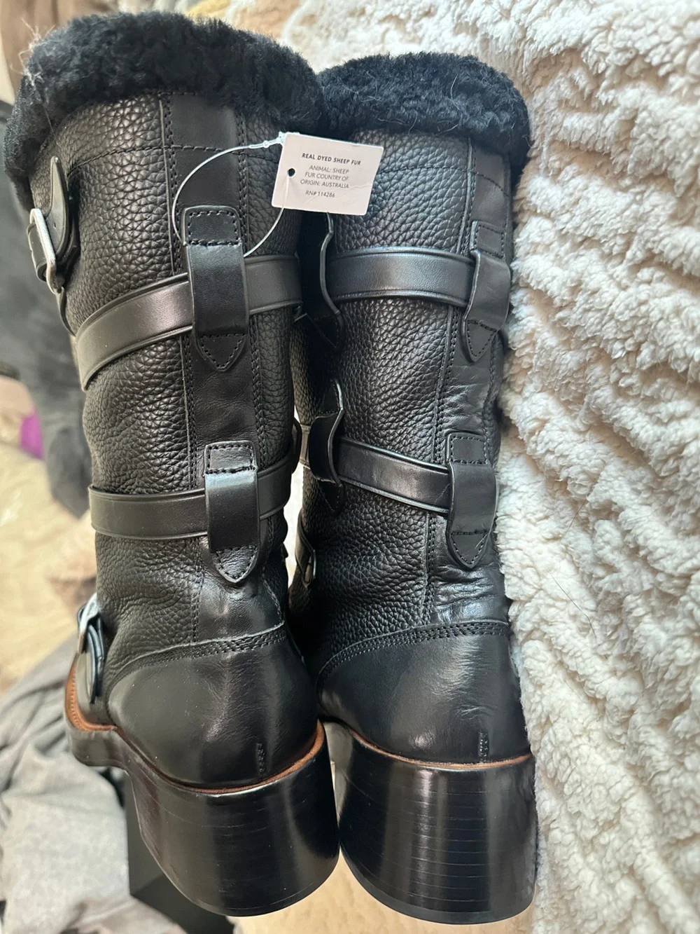 Coach Black Pebbled Leather Fur Shearling  Buckle Strap Combat Boot